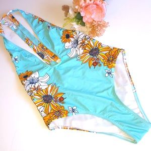 Daisy Swimsuit High cut Low cut Sexy One Piece Floral Swimsuit Medium Teal